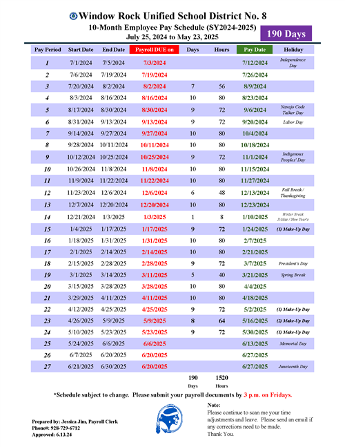 10-Month Payroll Schedule